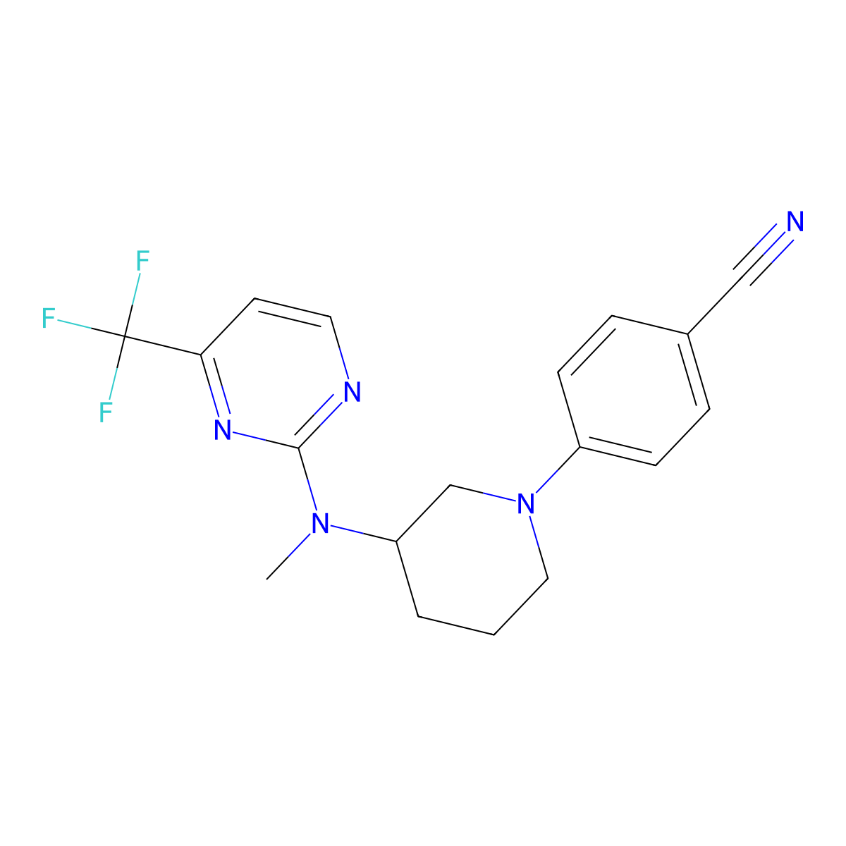 4-(3-{Methyl[4-(trifluoromethyl)pyrimidin-2-yl]amino}piperidin-1-yl)benzonitrile molecular structure, CAS 3054605-36-3