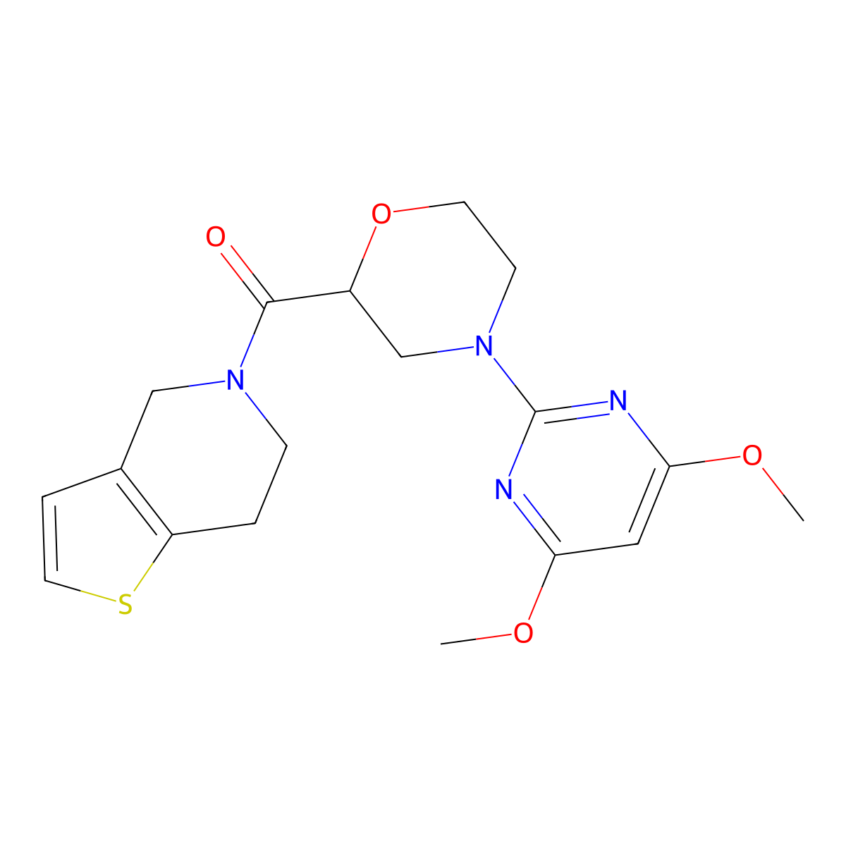 4-(4,6-dimethoxypyrimidin-2-yl)-2-{4H,5H,6H,7H-thieno[3,2-c]pyridine-5-carbonyl}morpholine molecular structure, CAS 3054605-46-5