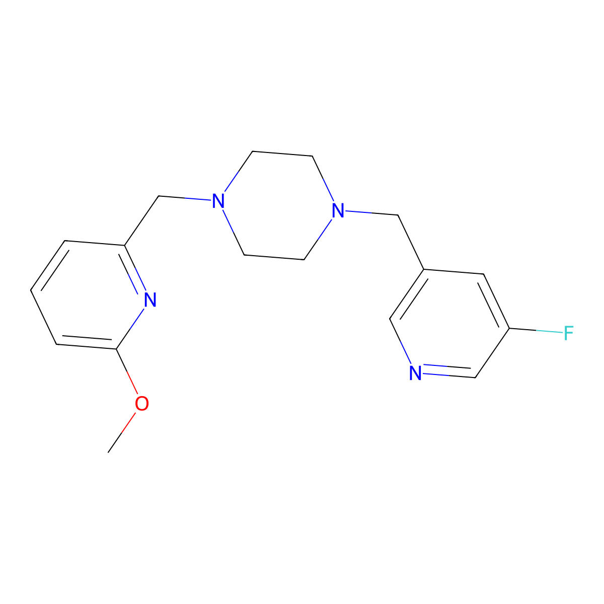 1-[(5-Fluoropyridin-3-yl)methyl]-4-[(6-methoxypyridin-2-yl)methyl]piperazine molecular structure, CAS 3054605-48-7