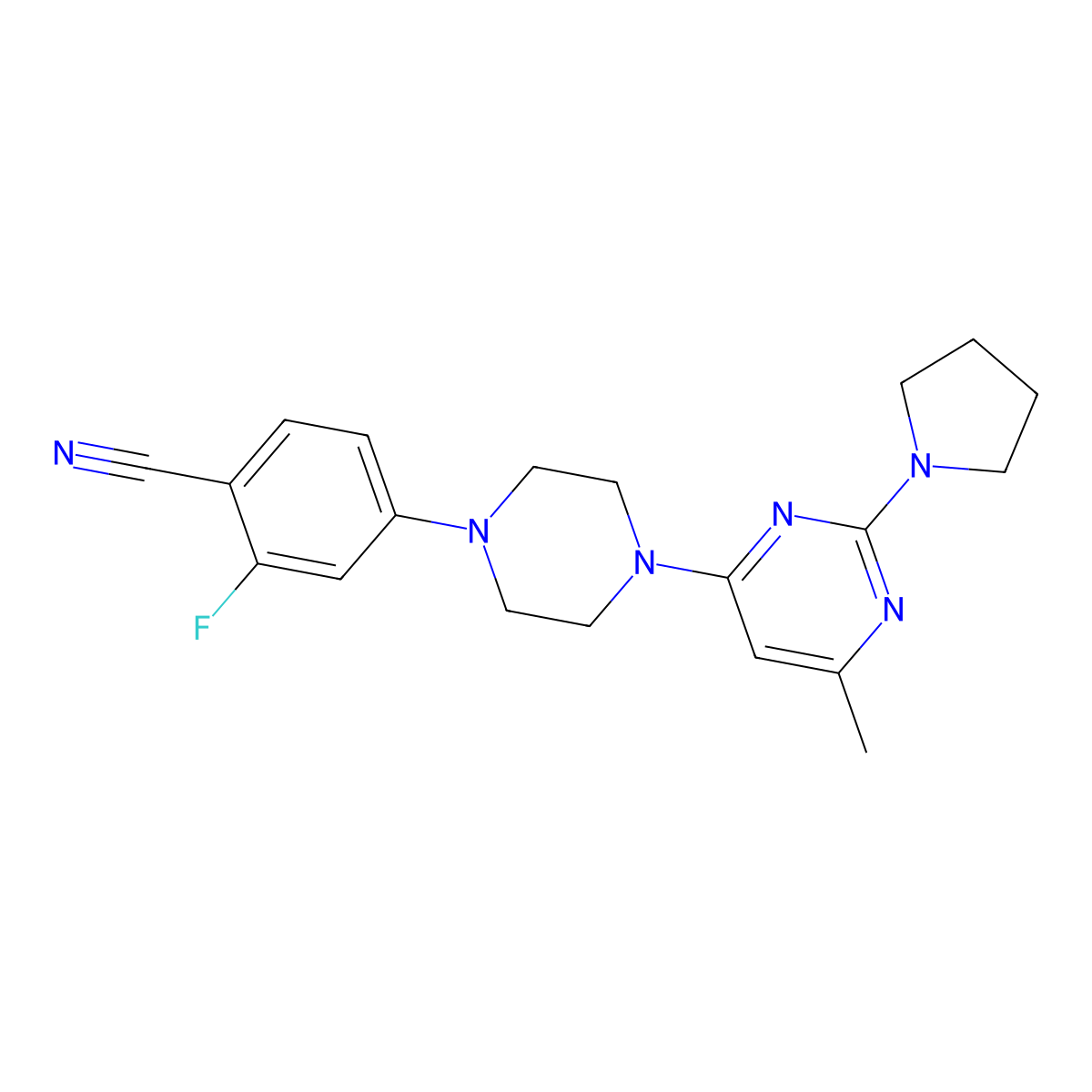 2-Fluoro-4-{4-[6-methyl-2-(pyrrolidin-1-yl)pyrimidin-4-yl]piperazin-1-yl}benzonitrile molecular structure, CAS 3054605-50-1