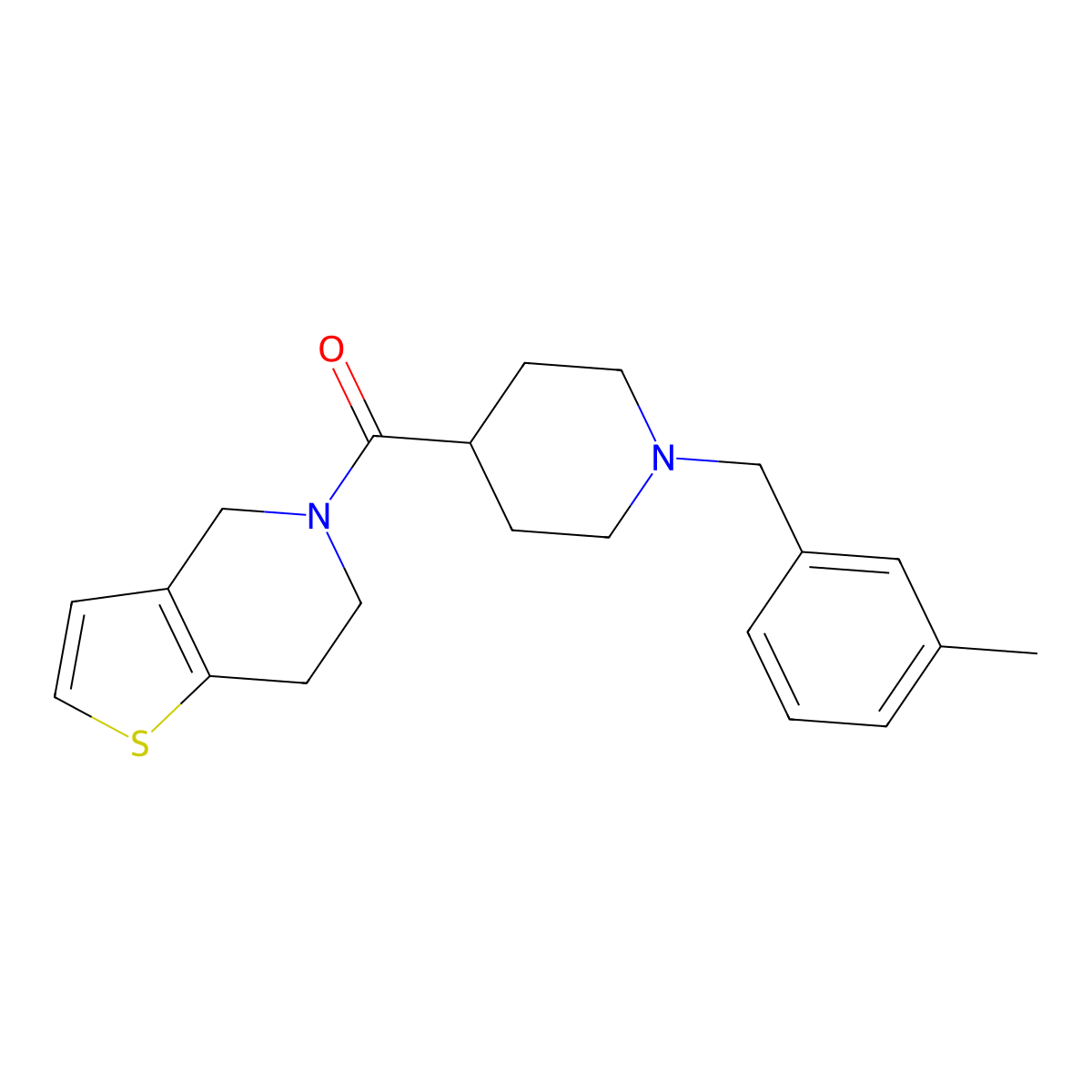 1-[(3-methylphenyl)methyl]-4-{4H,5H,6H,7H-thieno[3,2-c]pyridine-5-carbonyl}piperidine molecular structure, CAS 3054605-55-6