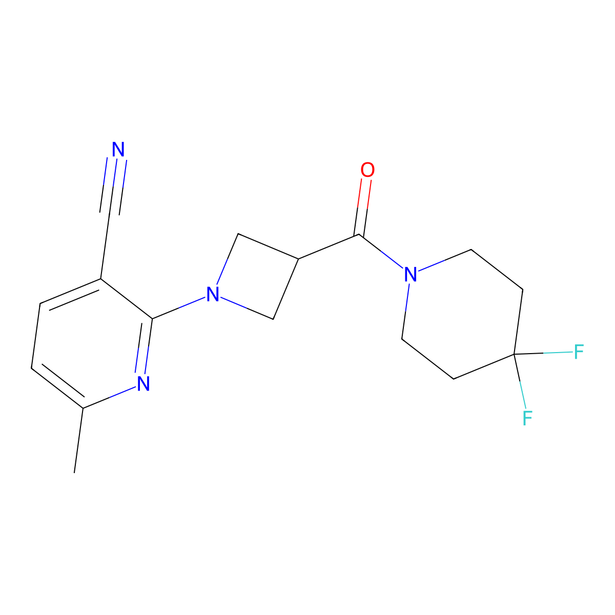 2-[3-(4,4-Difluoropiperidine-1-carbonyl)azetidin-1-yl]-6-methylpyridine-3-carbonitrile molecular structure, CAS 3054605-80-7
