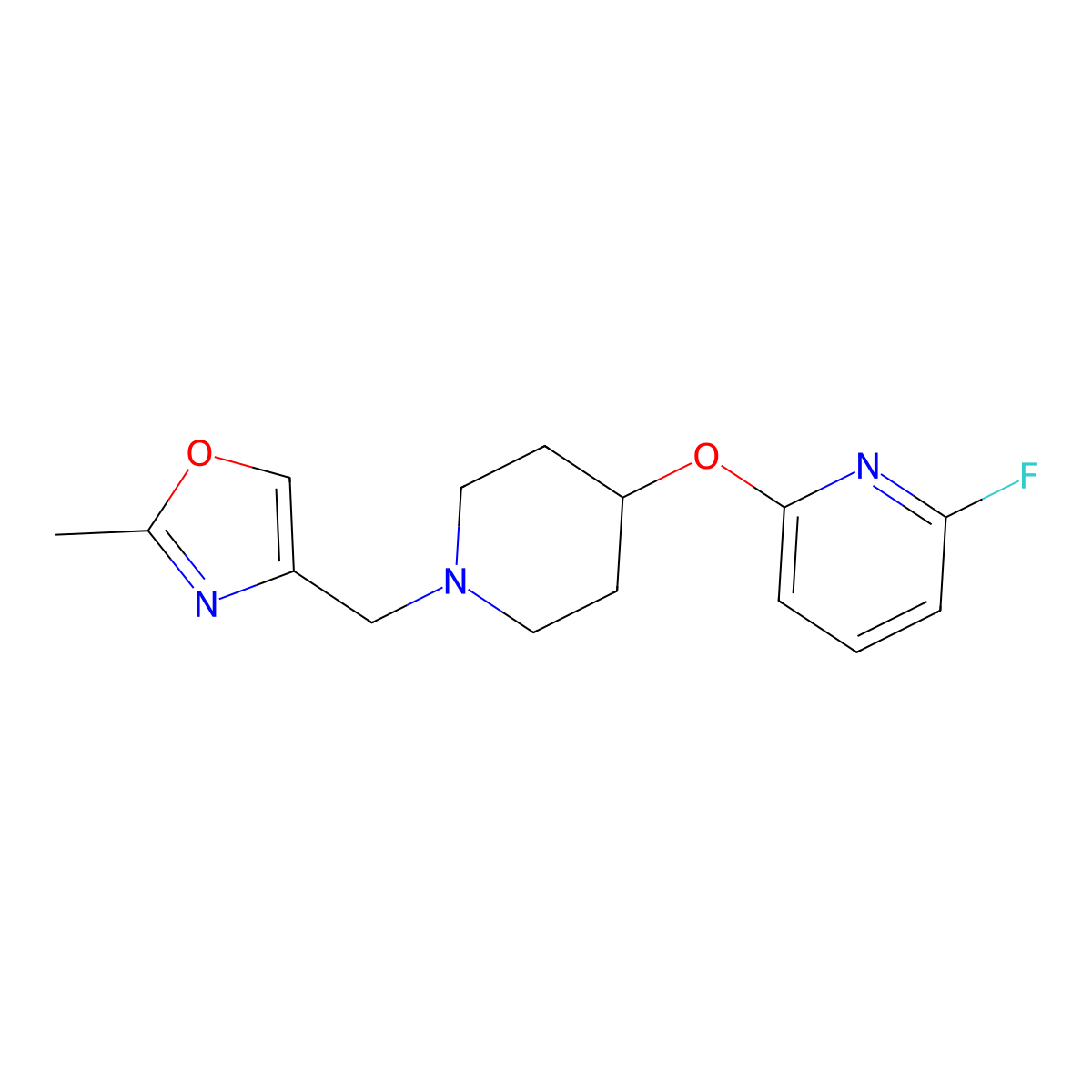 2-Fluoro-6-({1-[(2-methyl-1,3-oxazol-4-yl)methyl]piperidin-4-yl}oxy)pyridine molecular structure, CAS 3054606-02-6