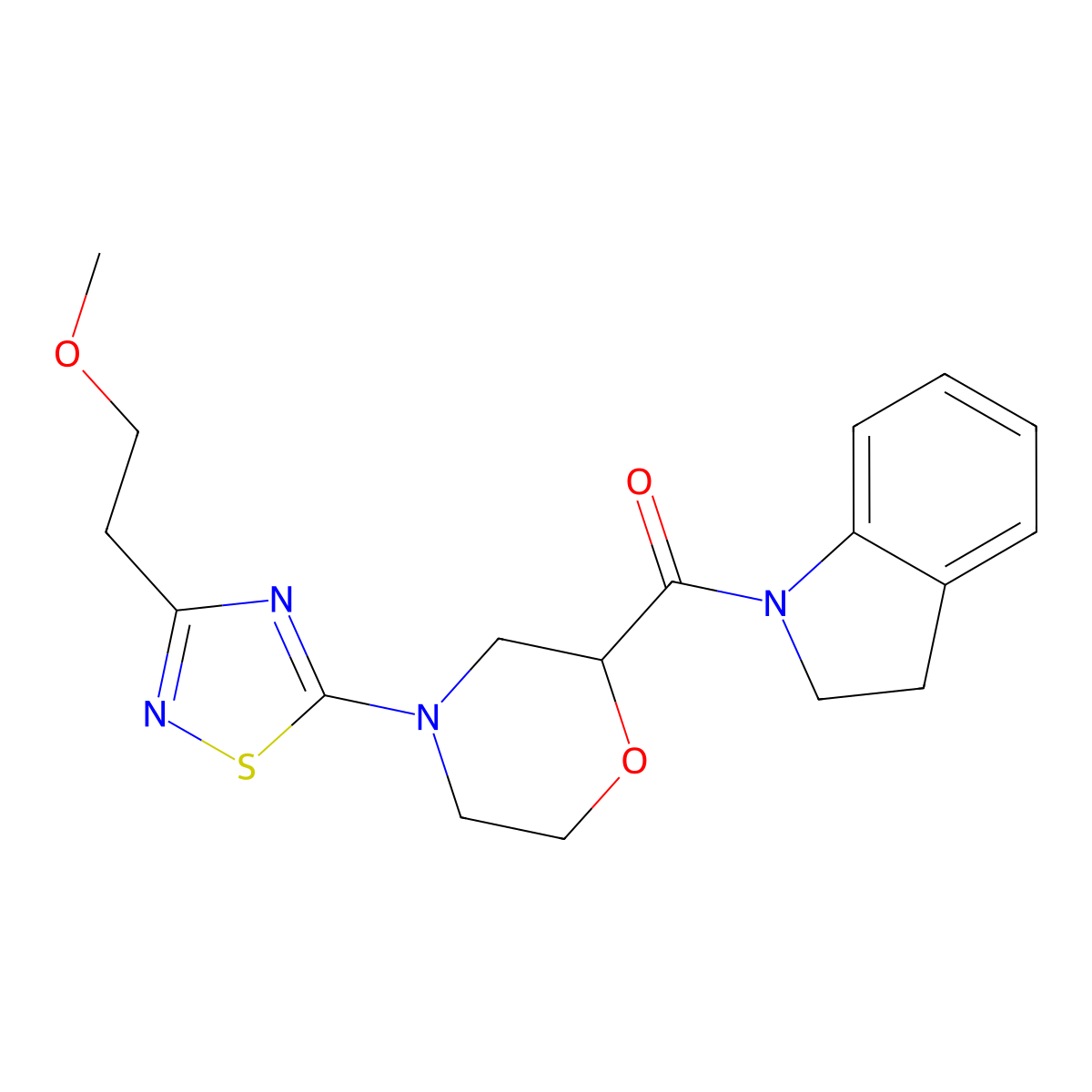 1-{4-[3-(2-methoxyethyl)-1,2,4-thiadiazol-5-yl]morpholine-2-carbonyl}-2,3-dihydro-1H-indole molecular structure, CAS 3054606-07-1