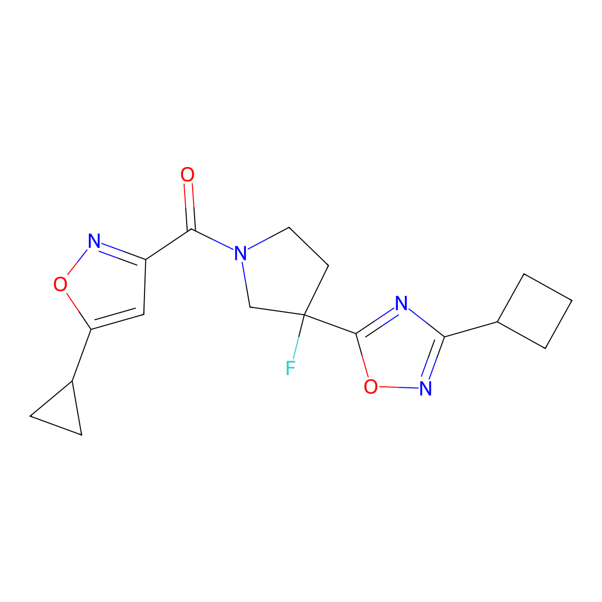 3-Cyclobutyl-5-[1-(5-cyclopropyl-1,2-oxazole-3-carbonyl)-3-fluoropyrrolidin-3-yl]-1,2,4-oxadiazole molecular structure, CAS 3054606-12-8