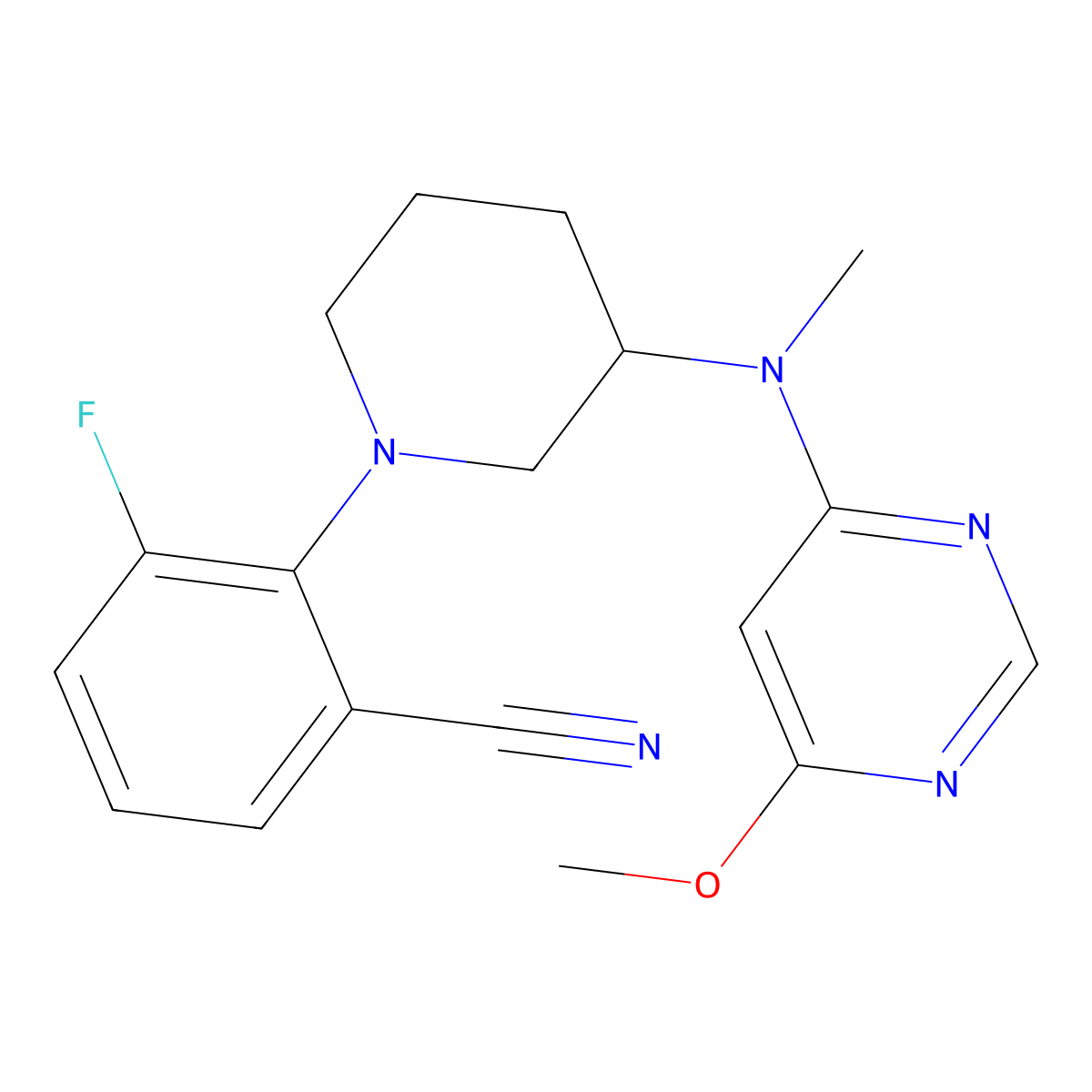 3-Fluoro-2-{3-[(6-methoxypyrimidin-4-yl)(methyl)amino]piperidin-1-yl}benzonitrile molecular structure, CAS 3054606-13-9