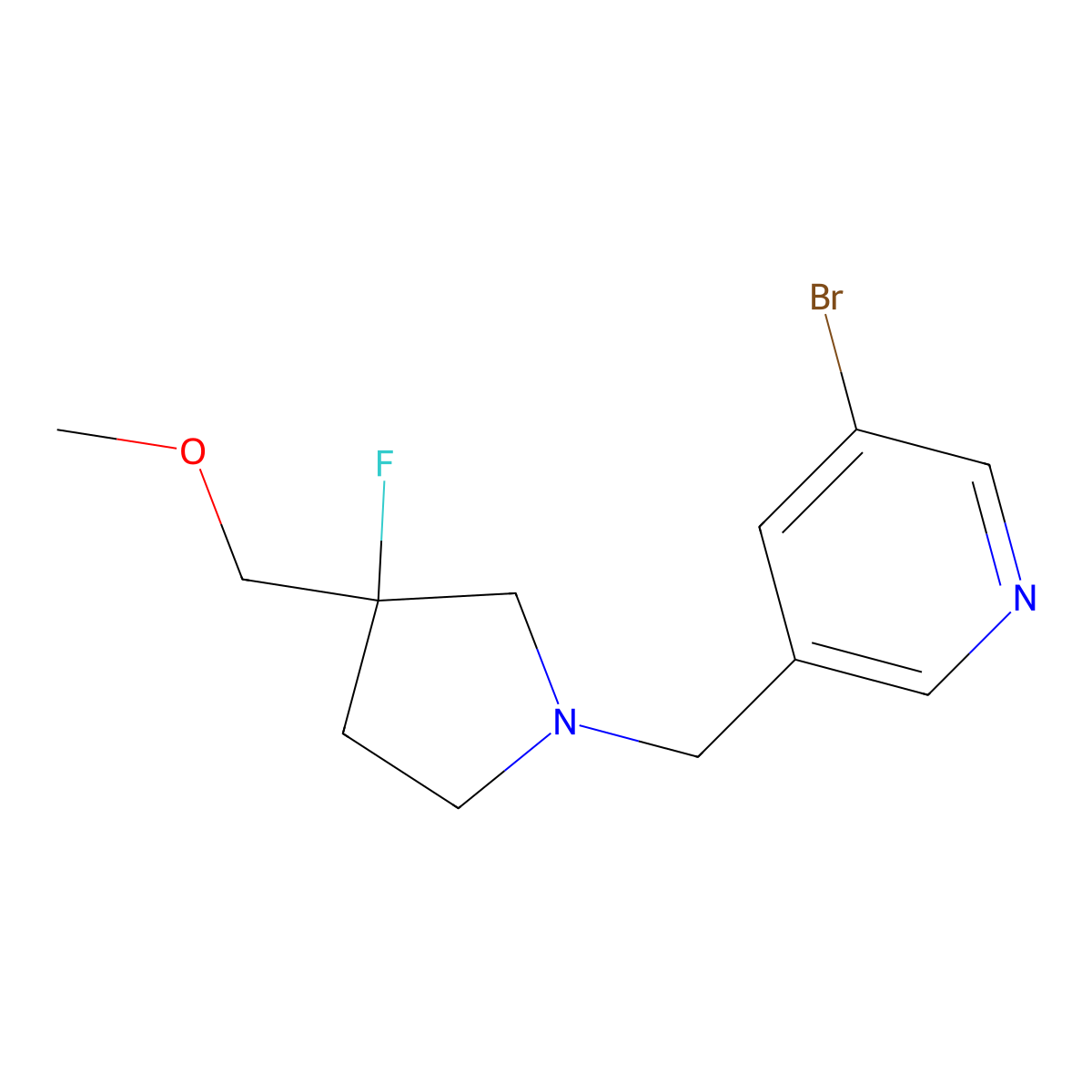 3-Bromo-5-{[3-fluoro-3-(methoxymethyl)pyrrolidin-1-yl]methyl}pyridine molecular structure, CAS 3054606-14-0