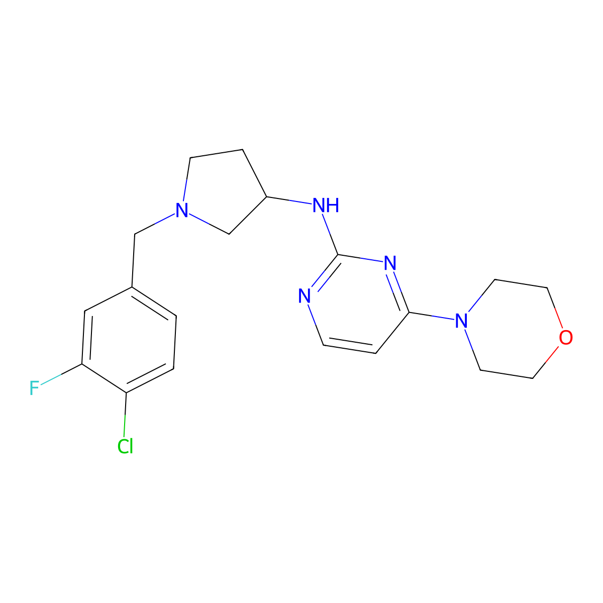 N-{1-[(4-chloro-3-fluorophenyl)methyl]pyrrolidin-3-yl}-4-(morpholin-4-yl)pyrimidin-2-amine molecular structure, CAS 3054606-22-0