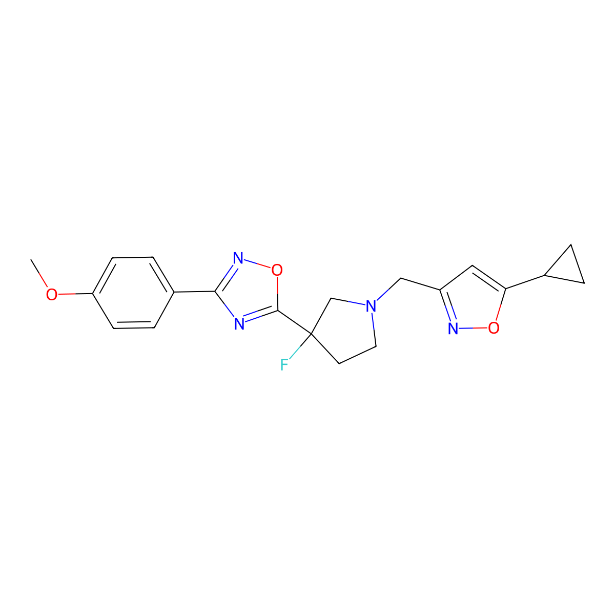 5-{1-[(5-Cyclopropyl-1,2-oxazol-3-yl)methyl]-3-fluoropyrrolidin-3-yl}-3-(4-methoxyphenyl)-1,2,4-oxadiazole molecular structure, CAS 3054606-30-0