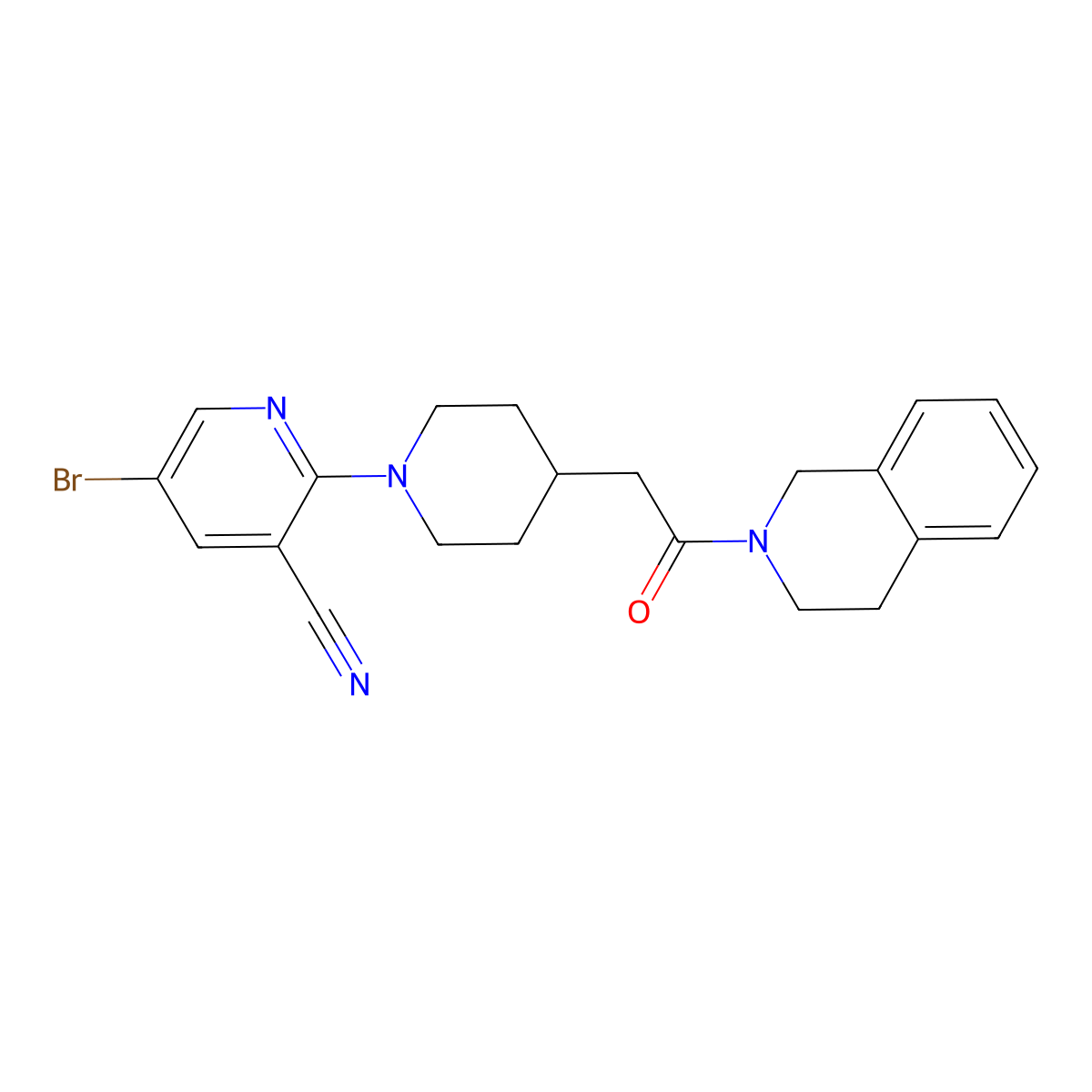 5-Bromo-2-{4-[2-oxo-2-(1,2,3,4-tetrahydroisoquinolin-2-yl)ethyl]piperidin-1-yl}pyridine-3-carbonitrile molecular structure, CAS 3054606-40-2