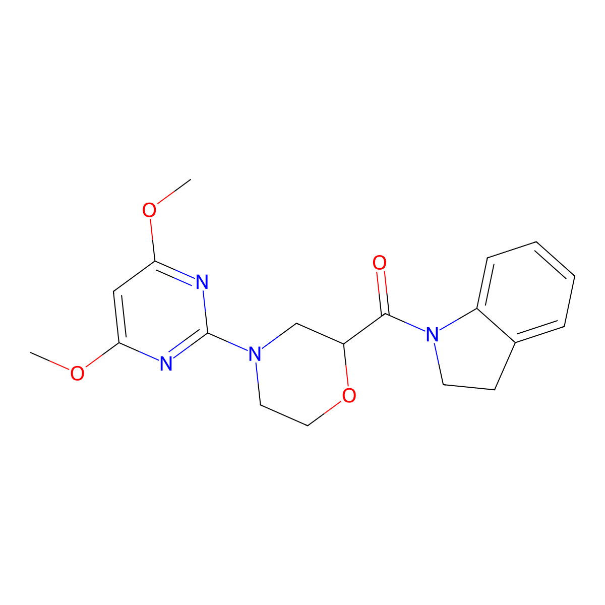 1-[4-(4,6-dimethoxypyrimidin-2-yl)morpholine-2-carbonyl]-2,3-dihydro-1H-indole molecular structure, CAS 3054606-55-9