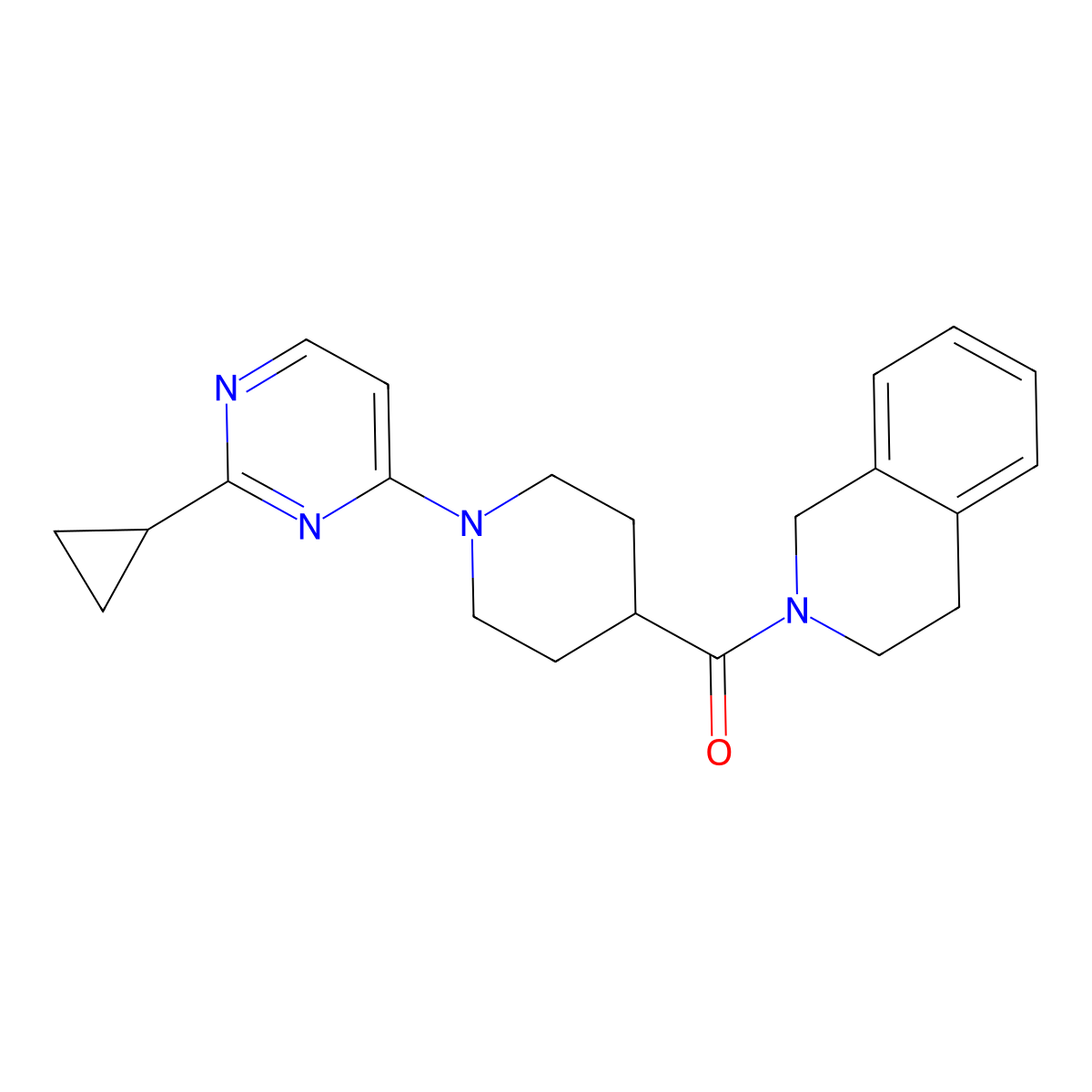 2-[1-(2-Cyclopropylpyrimidin-4-yl)piperidine-4-carbonyl]-1,2,3,4-tetrahydroisoquinoline molecular structure, CAS 3054606-58-2