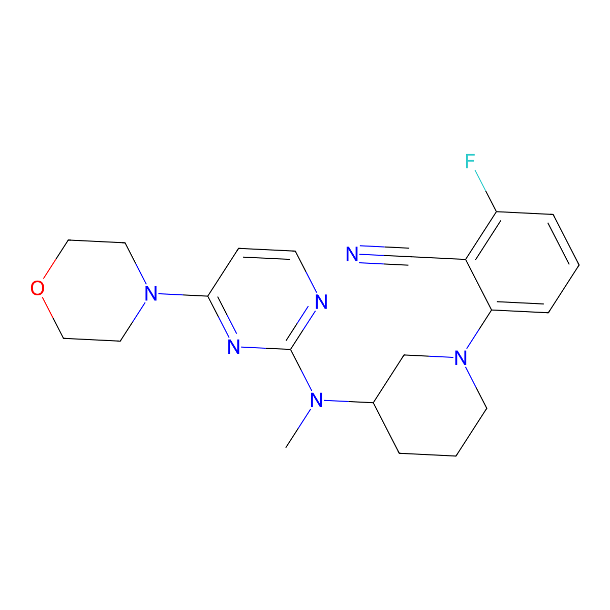 2-Fluoro-6-(3-{methyl[4-(morpholin-4-yl)pyrimidin-2-yl]amino}piperidin-1-yl)benzonitrile molecular structure, CAS 3054606-60-6