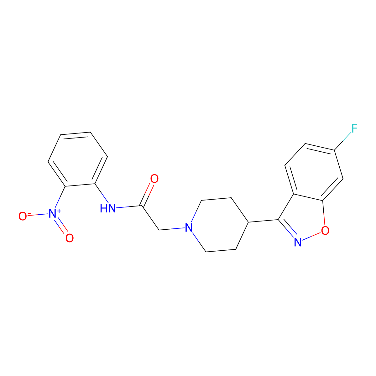 2-[4-(6-fluoro-1,2-benzoxazol-3-yl)piperidin-1-yl]-N-(2-nitrophenyl)acetamide molecular structure, CAS 3054606-62-8