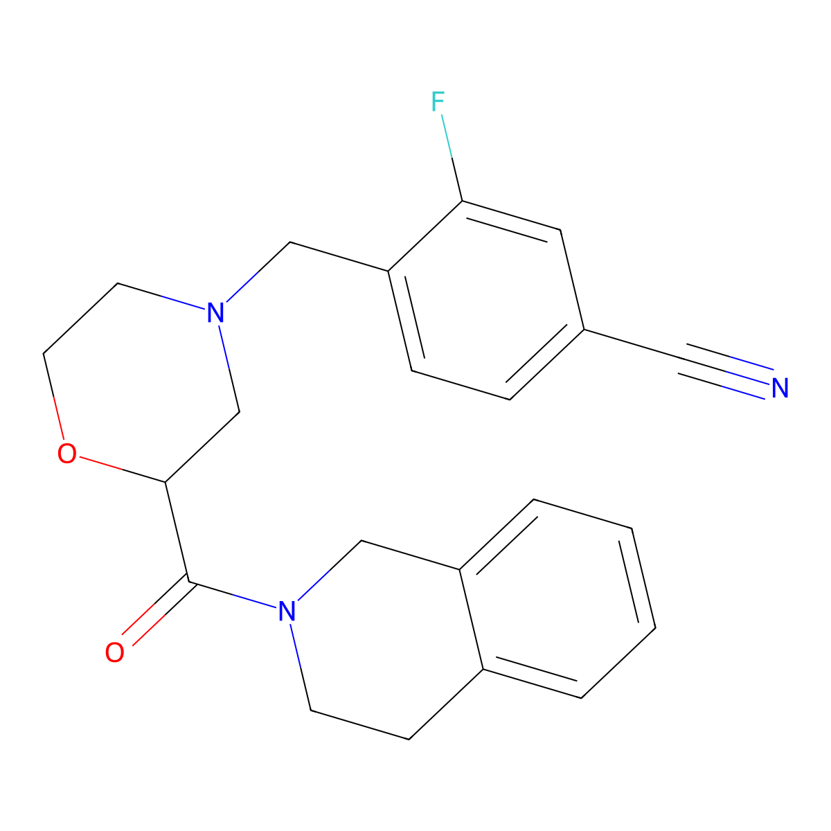 3-Fluoro-4-{[2-(1,2,3,4-tetrahydroisoquinoline-2-carbonyl)morpholin-4-yl]methyl}benzonitrile molecular structure, CAS 3054606-63-9