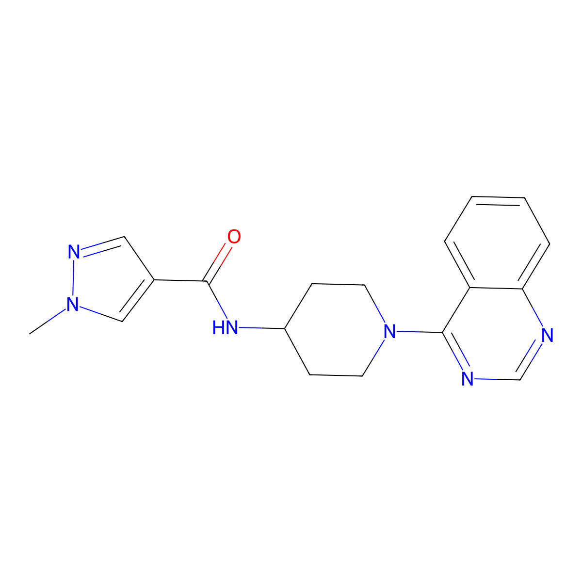 1-methyl-N-[1-(quinazolin-4-yl)piperidin-4-yl]-1H-pyrazole-4-carboxamide molecular structure, CAS 3054606-65-1