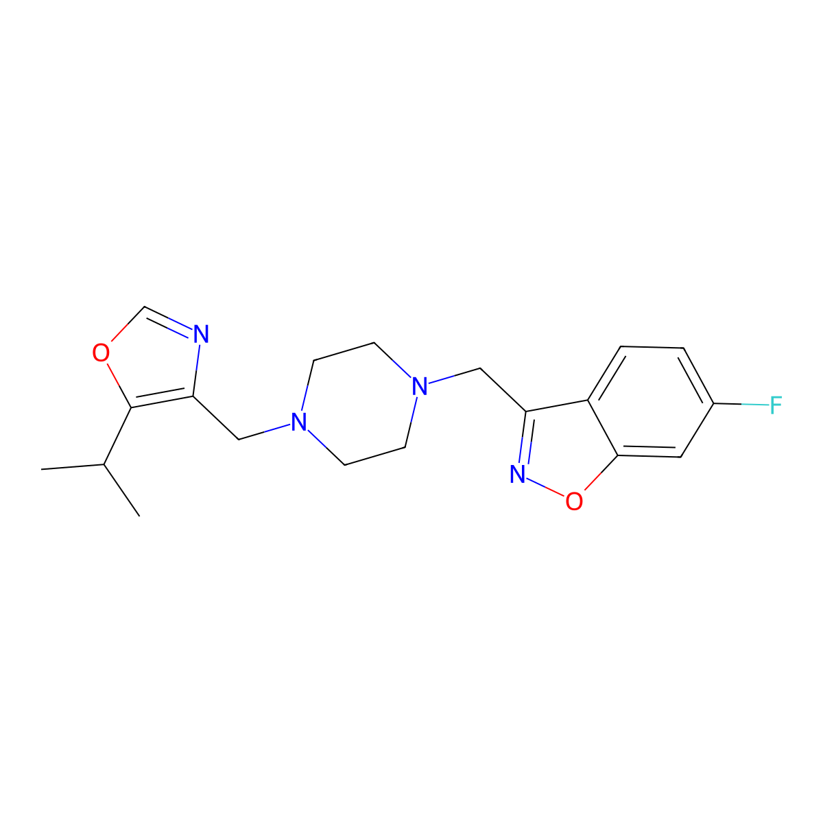 6-Fluoro-3-[(4-{[5-(propan-2-yl)-1,3-oxazol-4-yl]methyl}piperazin-1-yl)methyl]-1,2-benzoxazole molecular structure, CAS 3054606-68-4