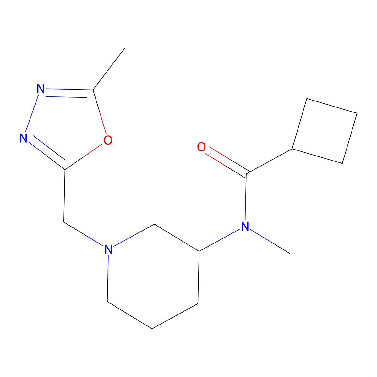 N-methyl-N-{1-[(5-methyl-1,3,4-oxadiazol-2-yl)methyl]piperidin-3-yl}cyclobutanecarboxamide molecular structure, CAS 3054606-82-2