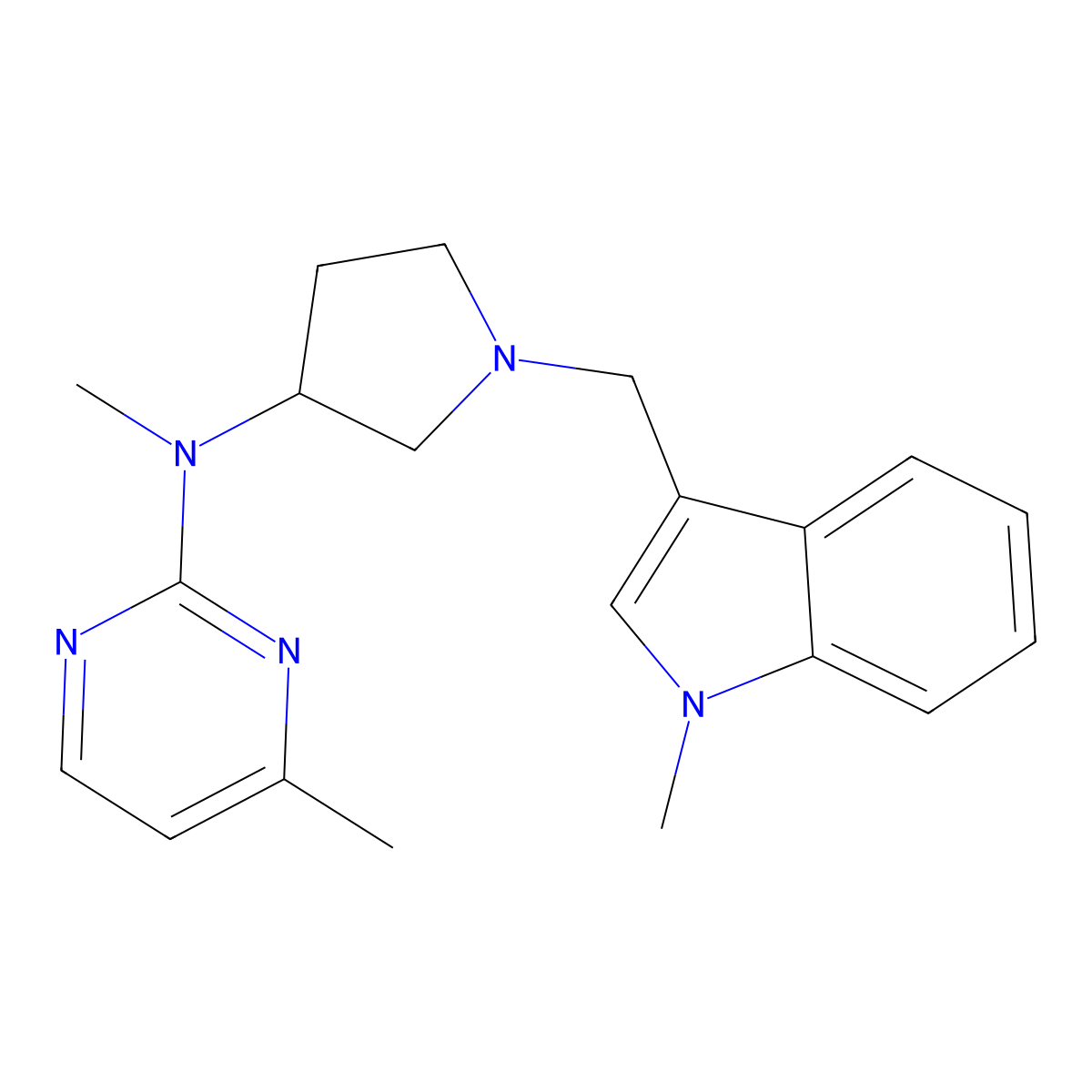 N,4-dimethyl-N-{1-[(1-methyl-1H-indol-3-yl)methyl]pyrrolidin-3-yl}pyrimidin-2-amine molecular structure, CAS 3054606-83-3