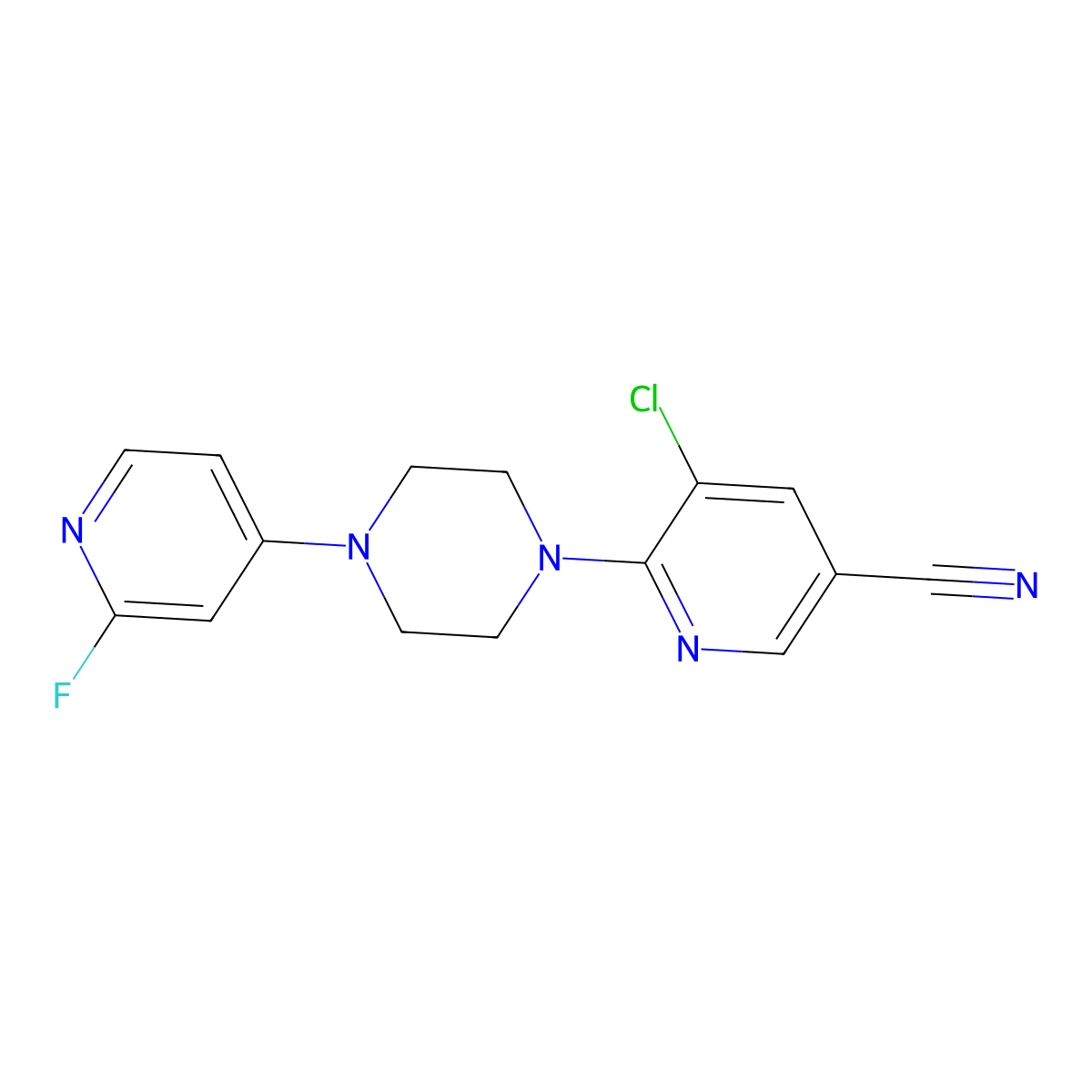 5-Chloro-6-[4-(2-fluoropyridin-4-yl)piperazin-1-yl]pyridine-3-carbonitrile molecular structure, CAS 3054606-84-4