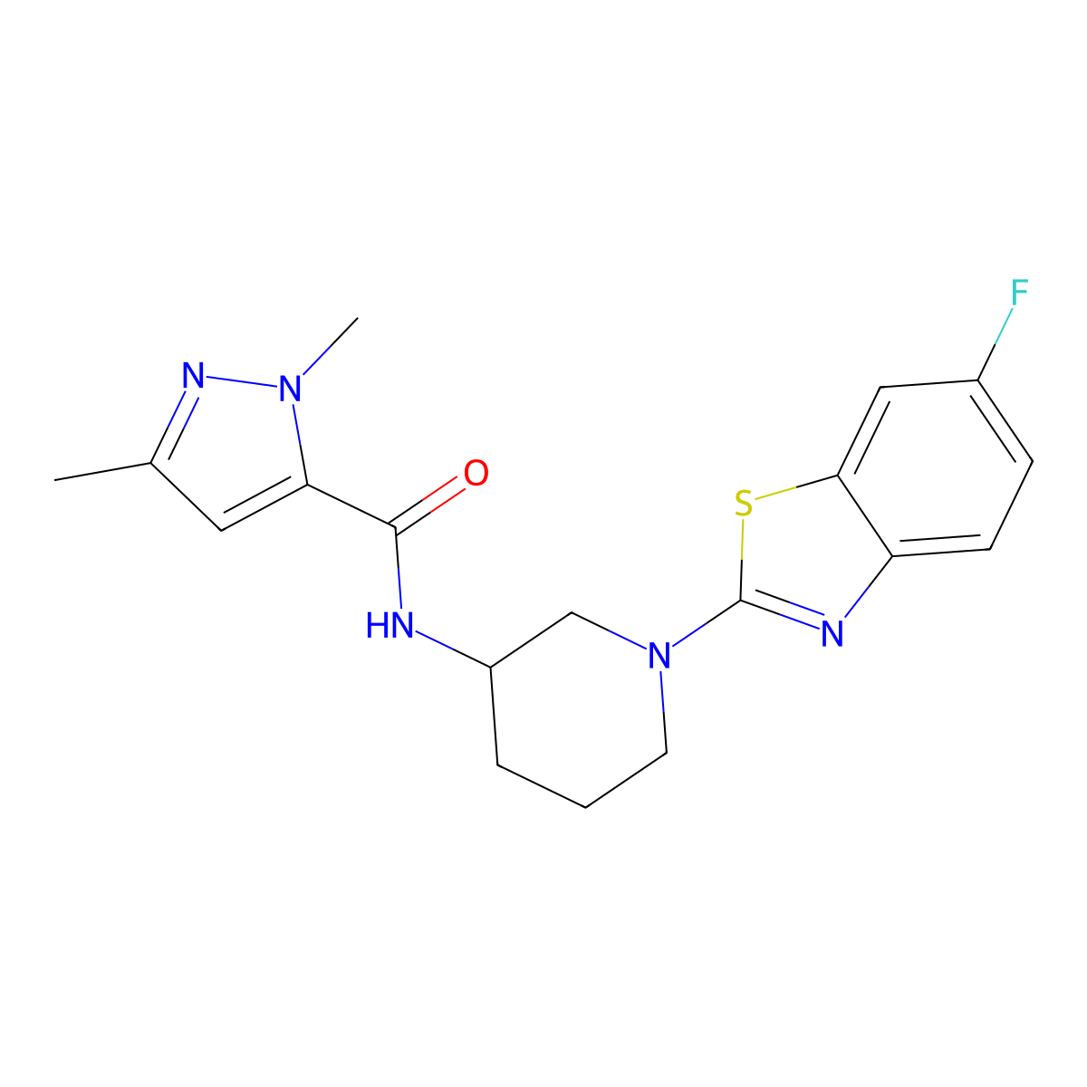 N-[1-(6-fluoro-1,3-benzothiazol-2-yl)piperidin-3-yl]-1,3-dimethyl-1H-pyrazole-5-carboxamide molecular structure, CAS 3054606-85-5