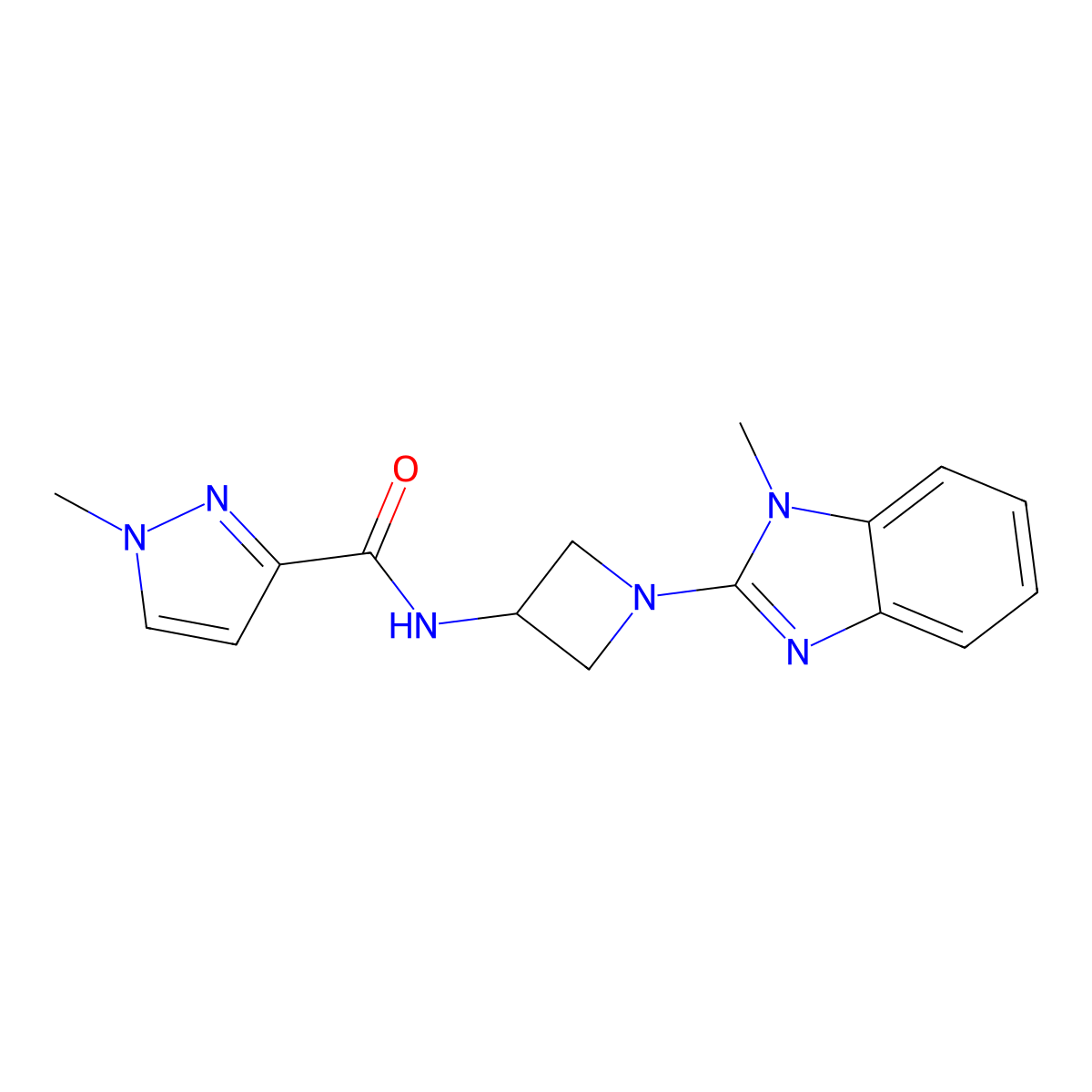 1-methyl-N-[1-(1-methyl-1H-1,3-benzodiazol-2-yl)azetidin-3-yl]-1H-pyrazole-3-carboxamide molecular structure, CAS 3054606-89-9