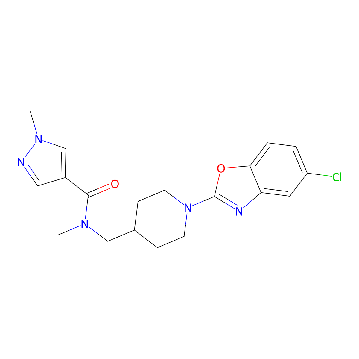 N-{[1-(5-chloro-1,3-benzoxazol-2-yl)piperidin-4-yl]methyl}-N,1-dimethyl-1H-pyrazole-4-carboxamide molecular structure, CAS 3054606-95-7