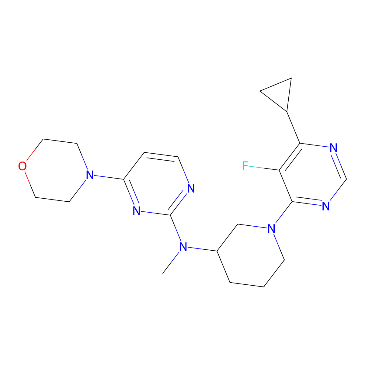 N-[1-(6-cyclopropyl-5-fluoropyrimidin-4-yl)piperidin-3-yl]-N-methyl-4-(morpholin-4-yl)pyrimidin-2-amine molecular structure, CAS 3054606-96-8