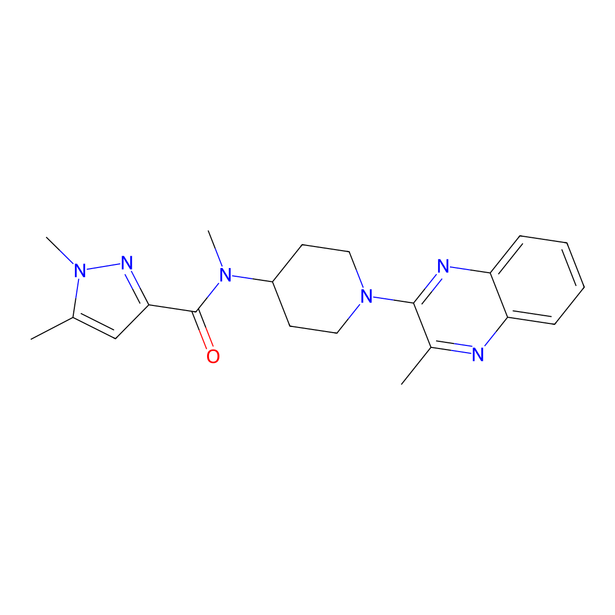 N,1,5-trimethyl-N-[1-(3-methylquinoxalin-2-yl)piperidin-4-yl]-1H-pyrazole-3-carboxamide molecular structure, CAS 3054606-98-0