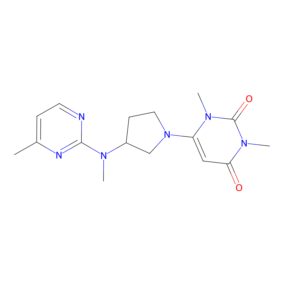 1,3-Dimethyl-6-{3-[methyl(4-methylpyrimidin-2-yl)amino]pyrrolidin-1-yl}-1,2,3,4-tetrahydropyrimidine-2,4-dione molecular structure, CAS 3054606-99-1