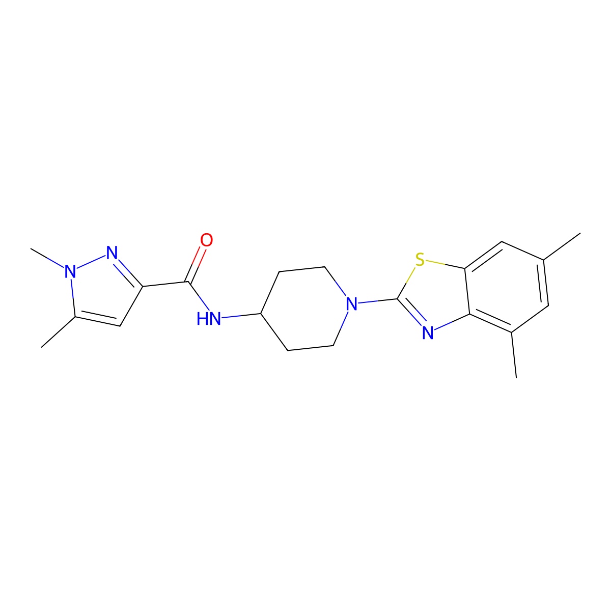 N-[1-(4,6-dimethyl-1,3-benzothiazol-2-yl)piperidin-4-yl]-1,5-dimethyl-1H-pyrazole-3-carboxamide molecular structure, CAS 3054607-00-7