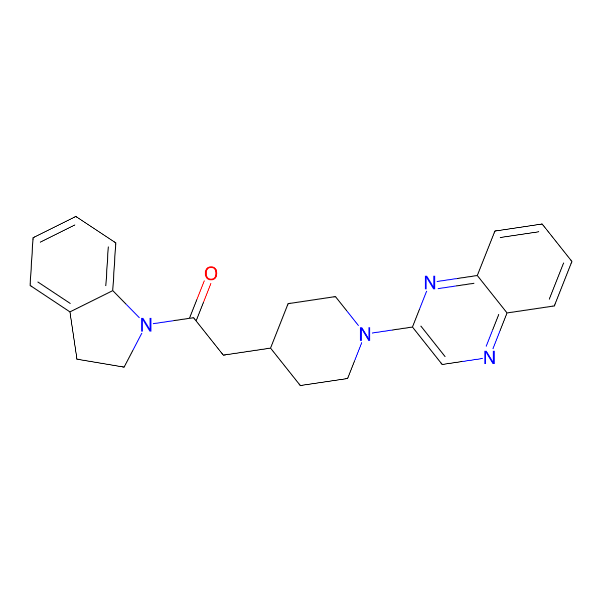 1-(2,3-dihydro-1H-indol-1-yl)-2-[1-(quinoxalin-2-yl)piperidin-4-yl]ethan-1-one molecular structure, CAS 3054607-02-9