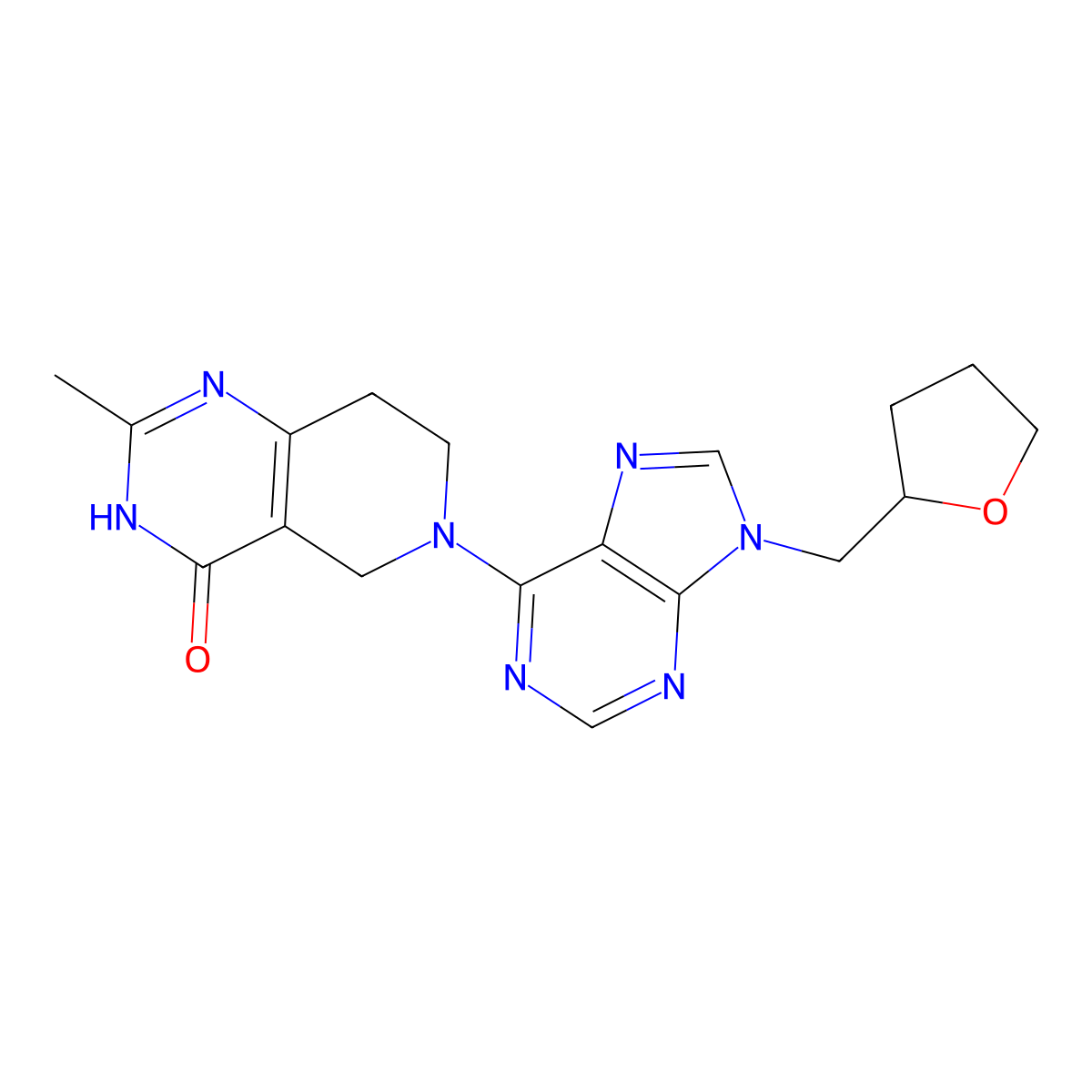 2-methyl-6-{9-[(oxolan-2-yl)methyl]-9H-purin-6-yl}-3H,4H,5H,6H,7H,8H-pyrido[4,3-d]pyrimidin-4-one molecular structure, CAS 3054607-04-1