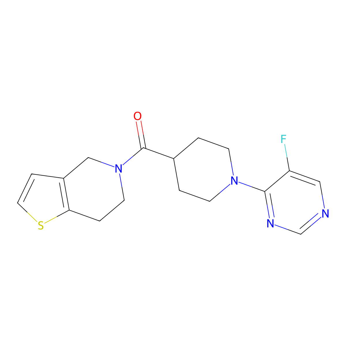 5-fluoro-4-(4-{4H,5H,6H,7H-thieno[3,2-c]pyridine-5-carbonyl}piperidin-1-yl)pyrimidine molecular structure, CAS 3054607-08-5