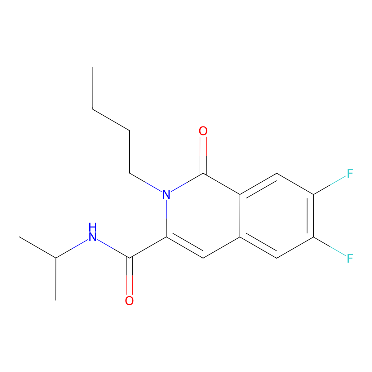 2-butyl-6,7-difluoro-1-oxo-N-(propan-2-yl)-1,2-dihydroisoquinoline-3-carboxamide molecular structure, CAS 3054607-12-1