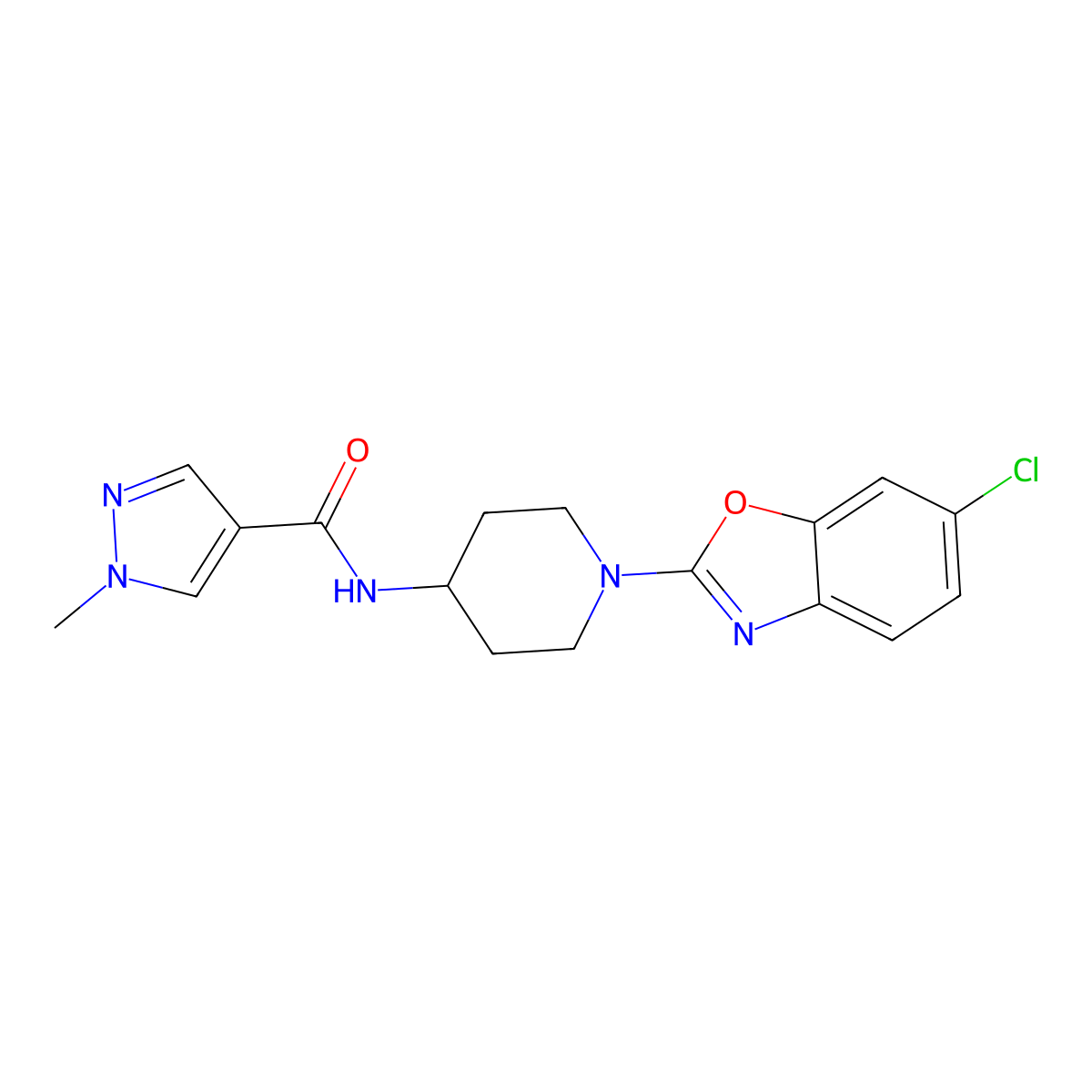 N-[1-(6-chloro-1,3-benzoxazol-2-yl)piperidin-4-yl]-1-methyl-1H-pyrazole-4-carboxamide molecular structure, CAS 3054607-14-3