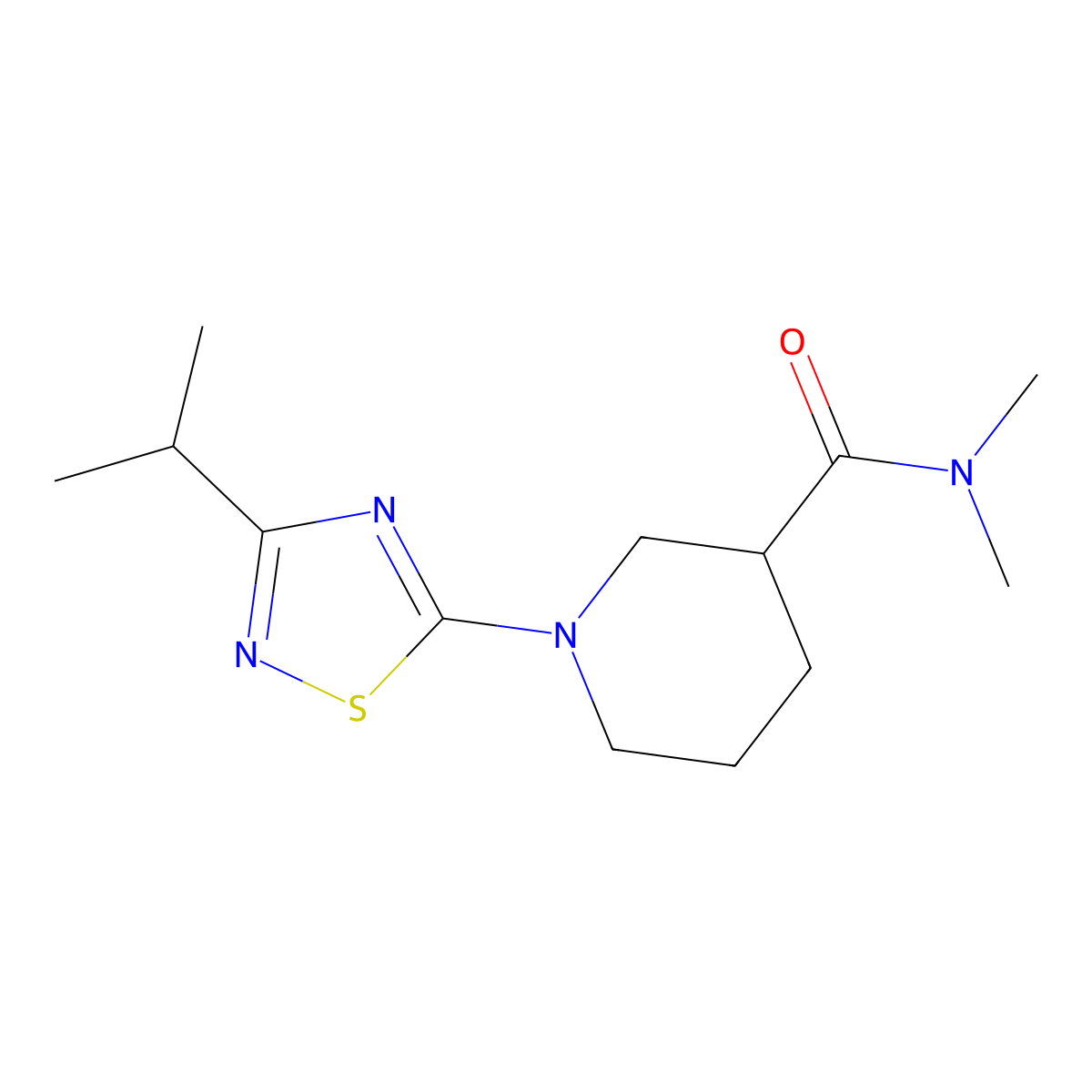 N,N-dimethyl-1-[3-(propan-2-yl)-1,2,4-thiadiazol-5-yl]piperidine-3-carboxamide molecular structure, CAS 3054607-30-3