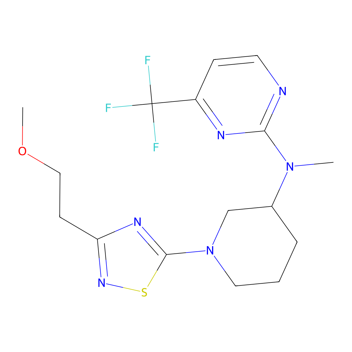 N-{1-[3-(2-methoxyethyl)-1,2,4-thiadiazol-5-yl]piperidin-3-yl}-N-methyl-4-(trifluoromethyl)pyrimidin-2-amine molecular structure, CAS 3054607-40-5