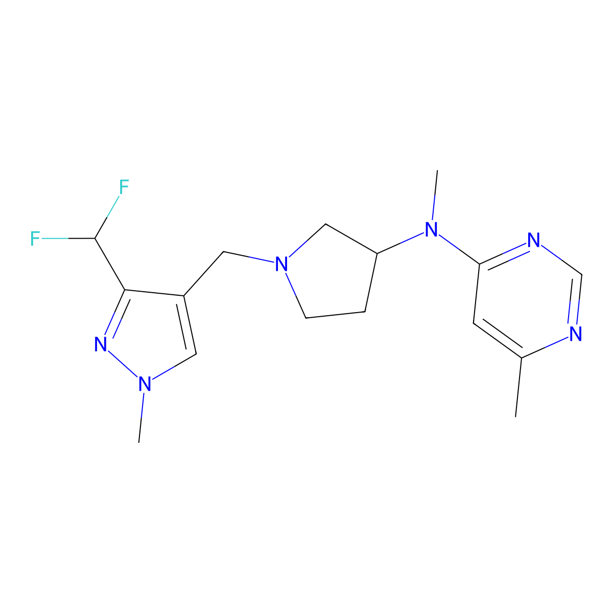 N-(1-{[3-(difluoromethyl)-1-methyl-1H-pyrazol-4-yl]methyl}pyrrolidin-3-yl)-N,6-dimethylpyrimidin-4-amine molecular structure, CAS 3054607-42-7