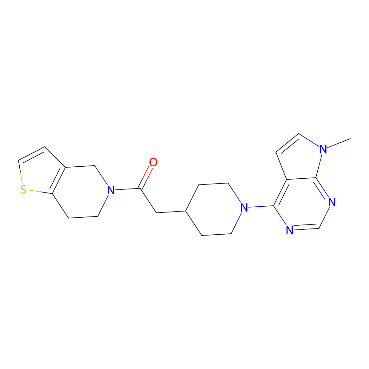 2-(1-{7-methyl-7H-pyrrolo[2,3-d]pyrimidin-4-yl}piperidin-4-yl)-1-{4H,5H,6H,7H-thieno[3,2-c]pyridin-5-yl}ethan-1-one molecular structure, CAS 3054607-63-2