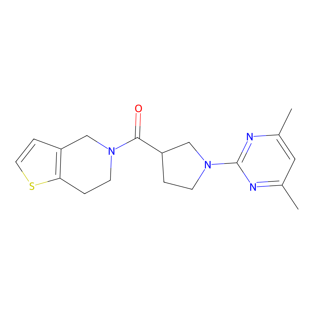 4,6-dimethyl-2-(3-{4H,5H,6H,7H-thieno[3,2-c]pyridine-5-carbonyl}pyrrolidin-1-yl)pyrimidine molecular structure, CAS 3054607-66-5