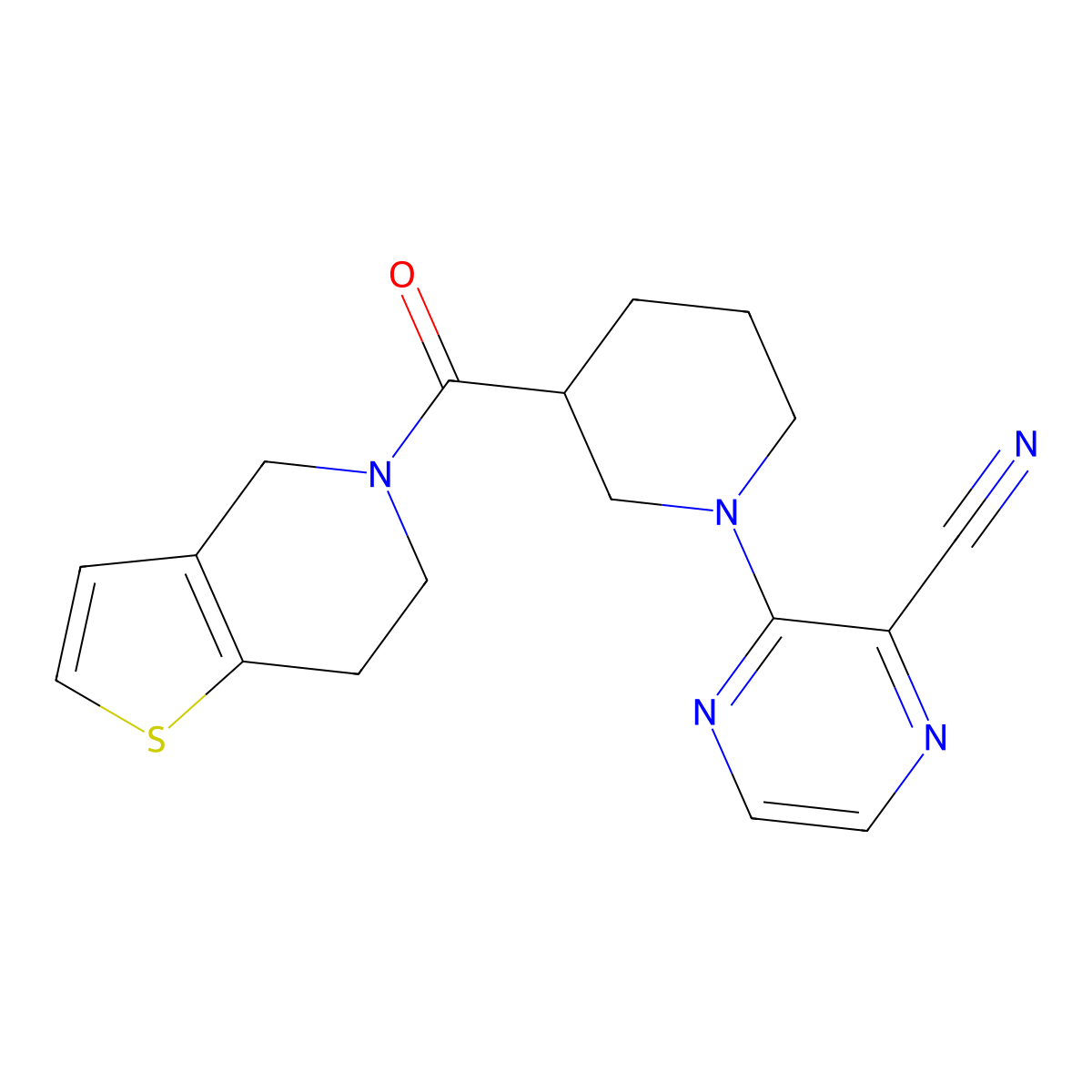 3-(3-{4H,5H,6H,7H-thieno[3,2-c]pyridine-5-carbonyl}piperidin-1-yl)pyrazine-2-carbonitrile molecular structure, CAS 3054607-71-2