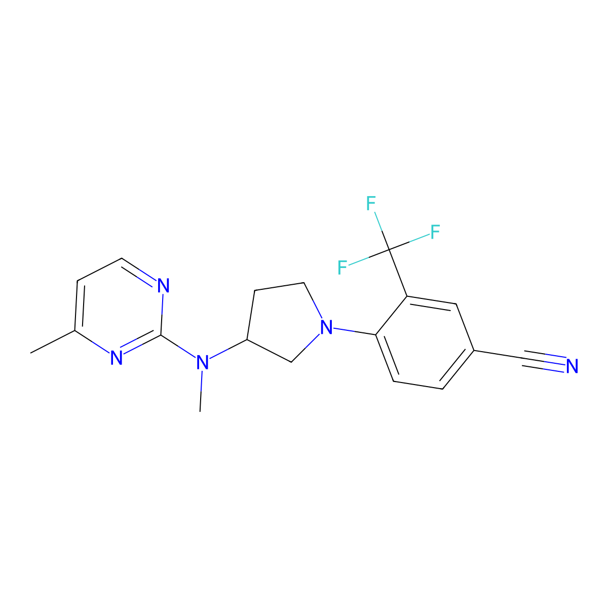 4-{3-[Methyl(4-methylpyrimidin-2-yl)amino]pyrrolidin-1-yl}-3-(trifluoromethyl)benzonitrile molecular structure, CAS 3054607-75-6