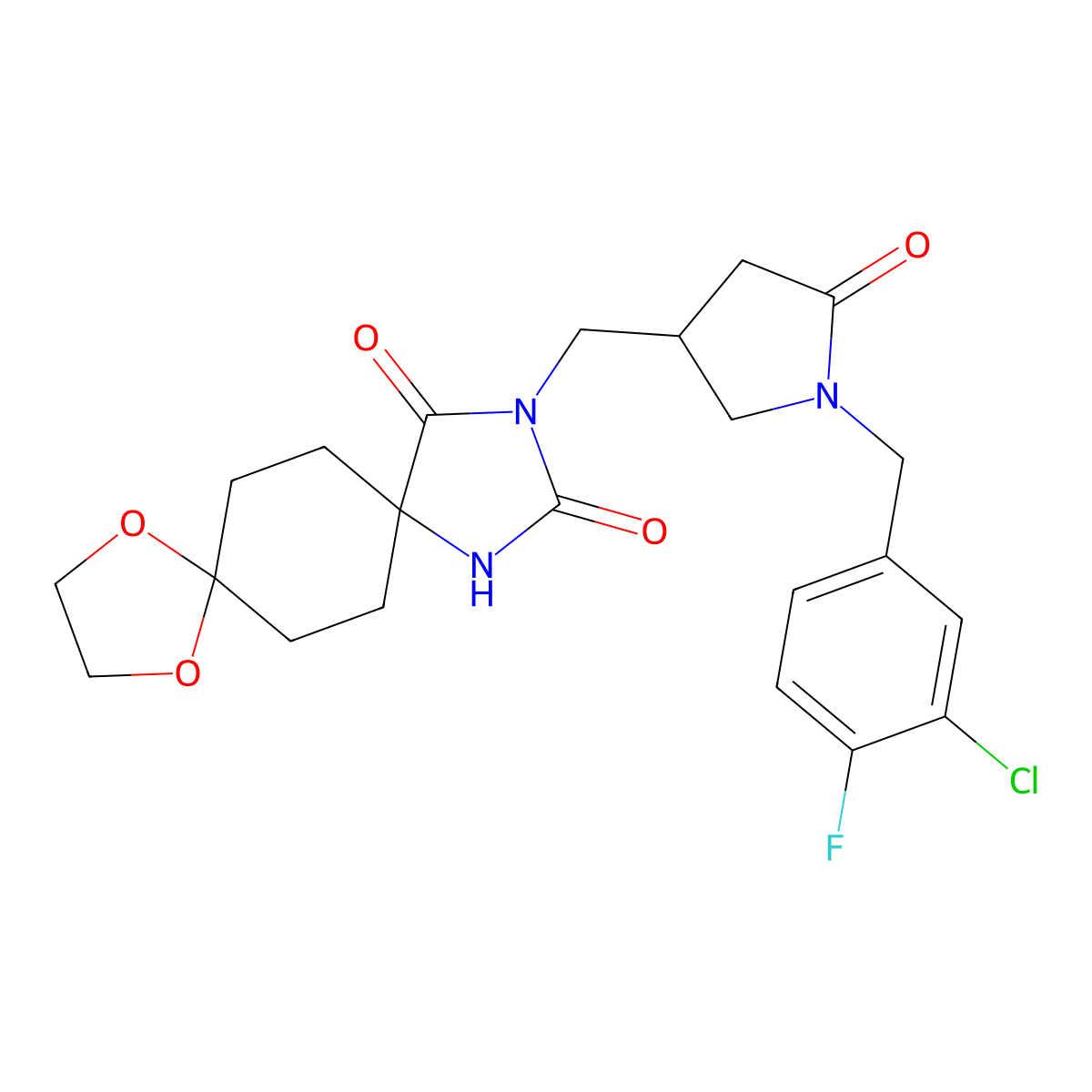 2-[[1-[(3-Chloro-4-fluorophenyl)methyl]-5-oxopyrrolidin-3-yl]methyl]-9,12-dioxa-2,4-diazadispiro[4.2.48.25]tetradecane-1,3-dione molecular structure, CAS 3054607-78-9