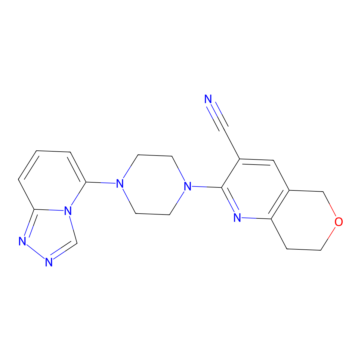 2-(4-{[1,2,4]triazolo[4,3-a]pyridin-5-yl}piperazin-1-yl)-5H,7H,8H-pyrano[4,3-b]pyridine-3-carbonitrile molecular structure, CAS 3054607-89-2