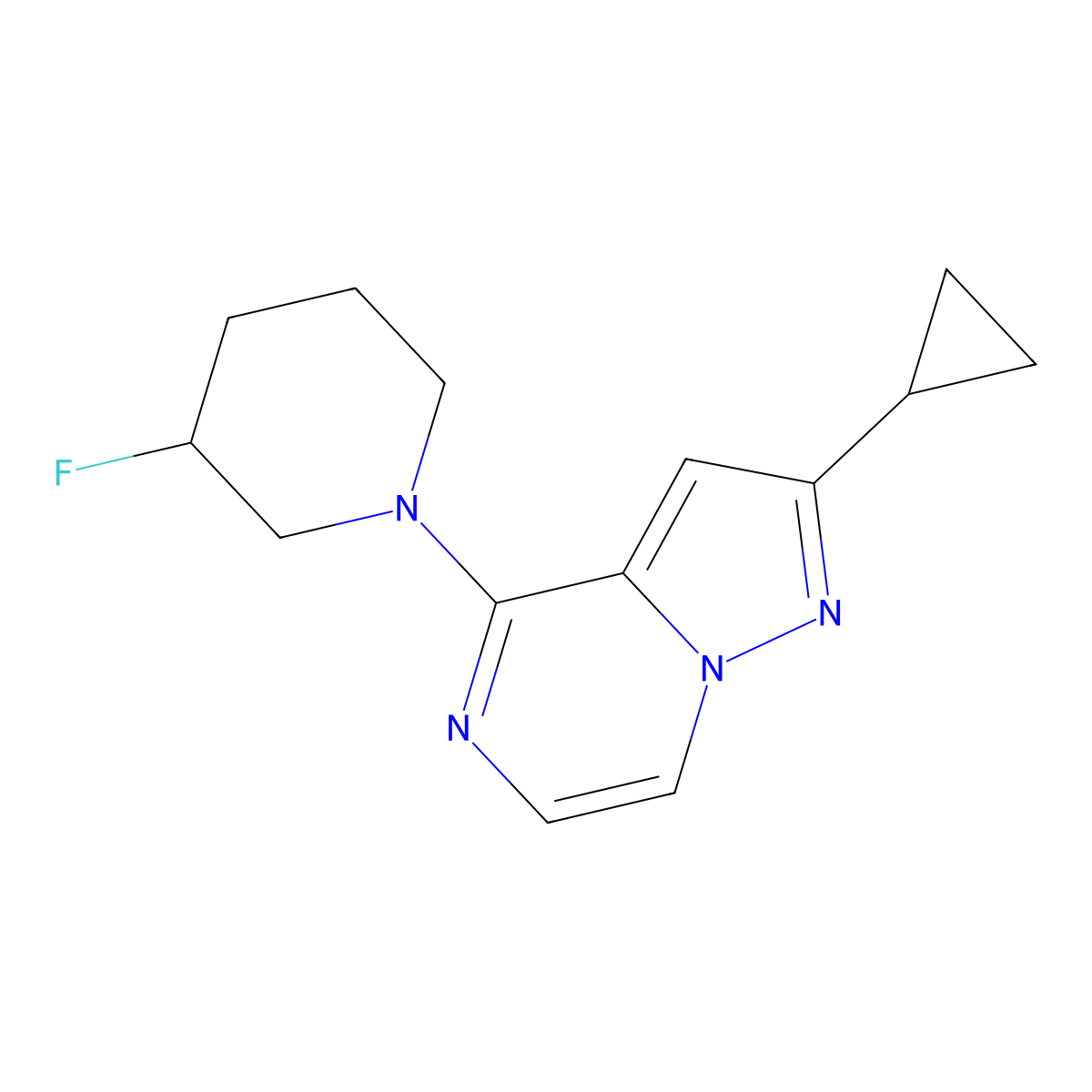 1-{2-Cyclopropylpyrazolo[1,5-a]pyrazin-4-yl}-3-fluoropiperidine molecular structure, CAS 3054607-99-4