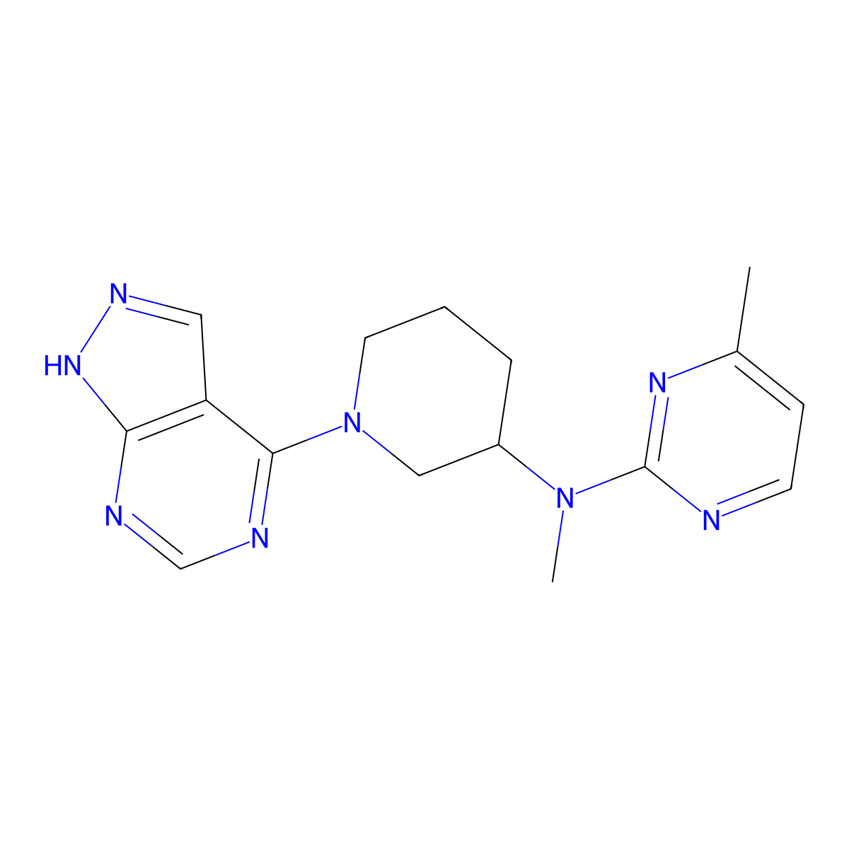 N,4-dimethyl-N-(1-{1H-pyrazolo[3,4-d]pyrimidin-4-yl}piperidin-3-yl)pyrimidin-2-amine molecular structure, CAS 3054608-07-7