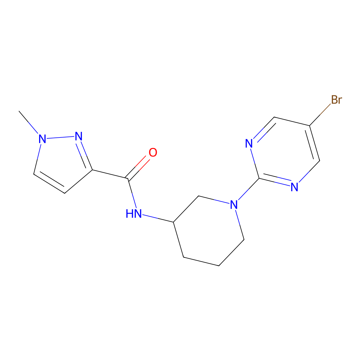N-[1-(5-bromopyrimidin-2-yl)piperidin-3-yl]-1-methyl-1H-pyrazole-3-carboxamide molecular structure, CAS 3054608-15-7