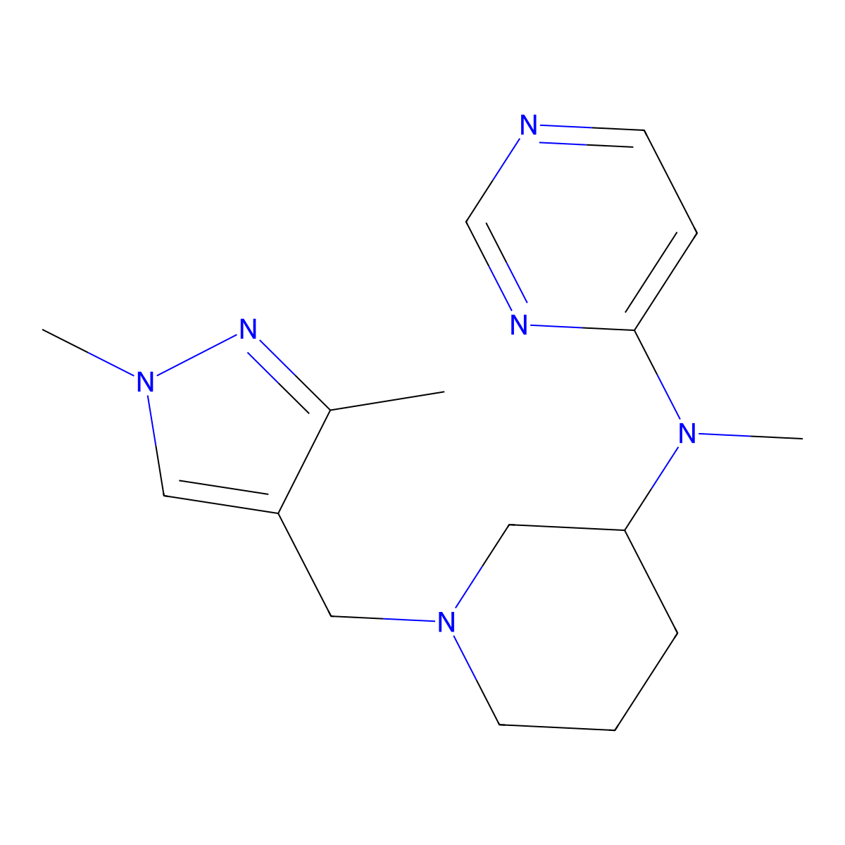 N-{1-[(1,3-dimethyl-1H-pyrazol-4-yl)methyl]piperidin-3-yl}-N-methylpyrimidin-4-amine molecular structure, CAS 3054608-18-0