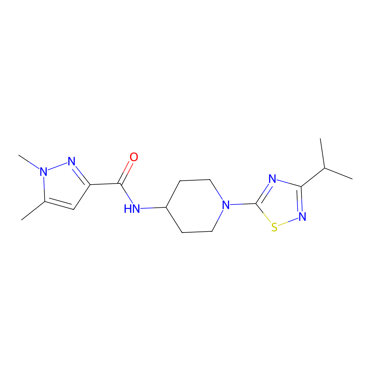 1,5-dimethyl-N-{1-[3-(propan-2-yl)-1,2,4-thiadiazol-5-yl]piperidin-4-yl}-1H-pyrazole-3-carboxamide molecular structure, CAS 3054608-23-7
